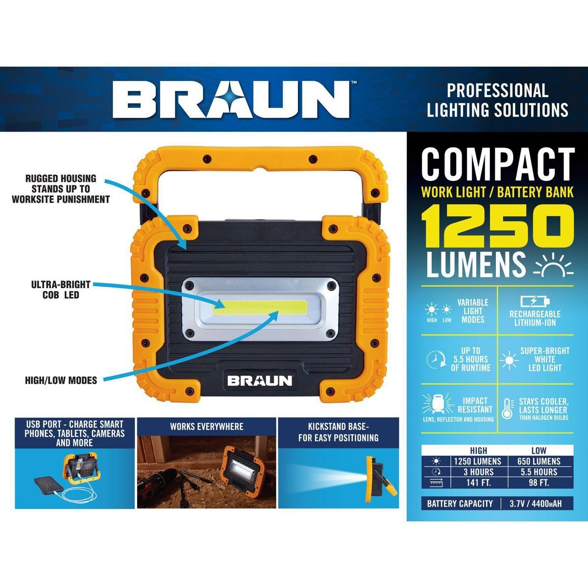 Luz de trabajo Braun 1250 lúmenes con LED, batería recargable y banco de energía - 56163