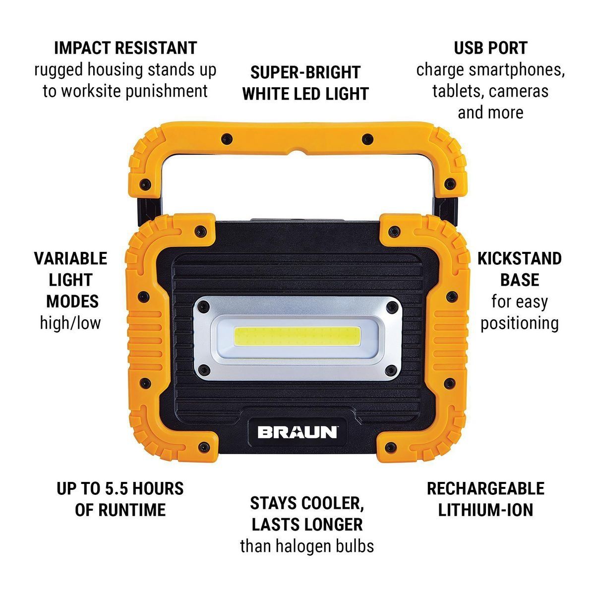 Luz de trabajo Braun 1250 lúmenes con LED, batería recargable y banco de energía - 56163
