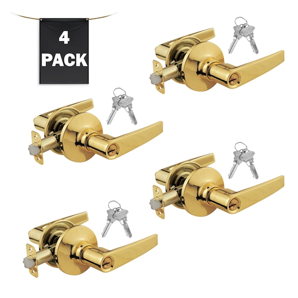 Premier Lock Entry Door Lever Lock Set Set of 4, Keyed Alike, Polished Brass, 4PK - LEV01X-4