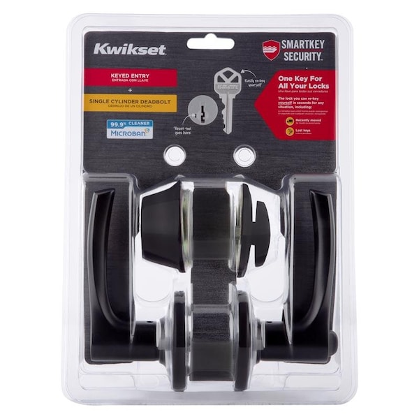 Kwikset Matte Black Lever and Single Cylinder Deadbolt KW1 1-3/4 in. - 96900-451