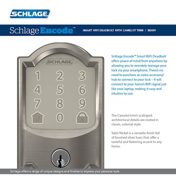 Schlage Schlage Encode Satin Nickel Metal Wifi Deadbolt - BE489WBVCAM619