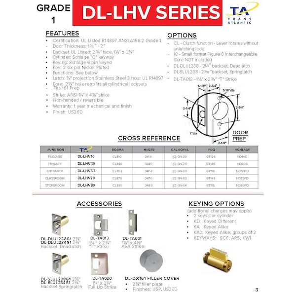 Trans Atlantic Co. Heavy-Duty Brushed Chrome Grade 1 Commercial Classroom Door Lever/Handle with Lock and IC Core - DL-LHV70IC-US26D