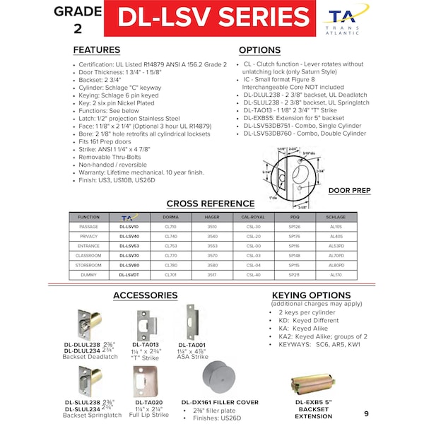 Trans Atlantic Co. LSV Saturn Standard Duty Brushed Chrome Grade 2 Commercial Double Cylinder Door Handle with Lock - DL-LSV60-US26D