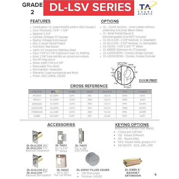 Trans Atlantic Co. LSV Saturn Standard Duty Brushed Chrome Grade 2 Commercial Double Cylinder Door Handle with Lock - DL-LSV60-US26D