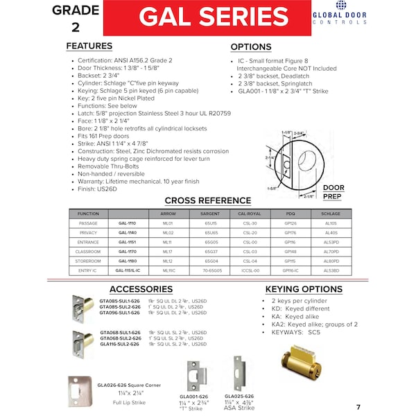 Global Door Controls Eiffel Standard Duty Brushed Chrome Grade 2 Commercial Storeroom Door Handle with Lock, Clutch Function and IC Core - GAL-1180L-IC626