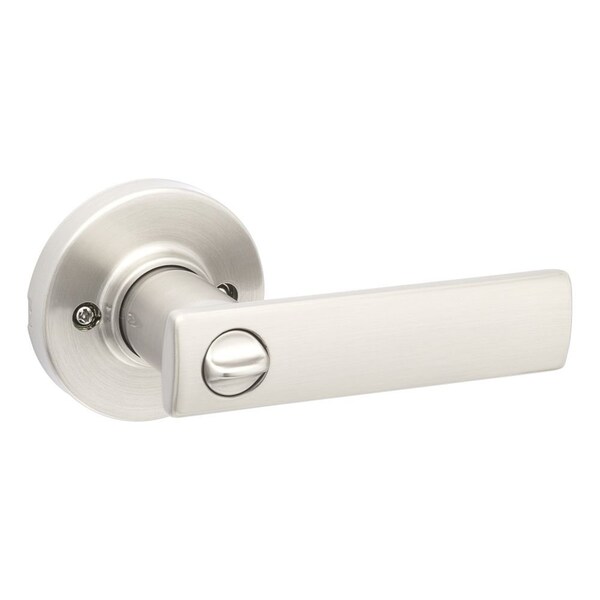Kwikset Breton Lever with Round Rose Privacy Door Lock with 6AL Latch and RCS Strike Satin Nickel Finish - 300BRNLRDT-15