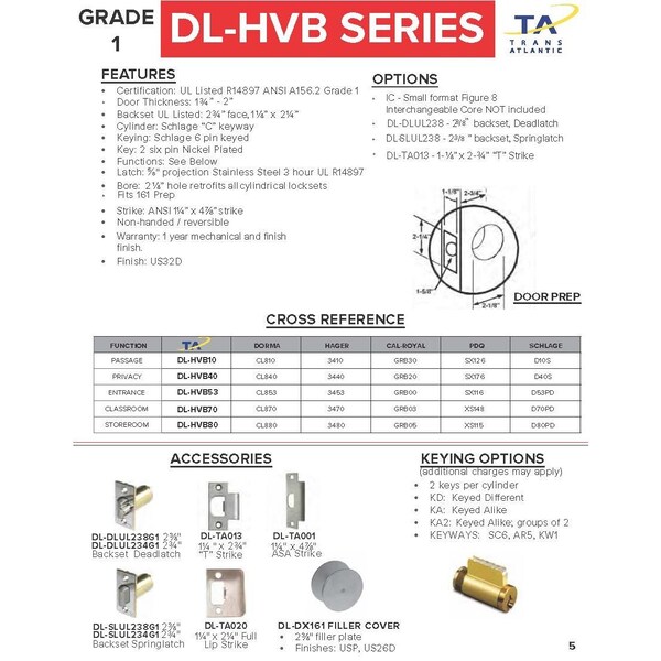 Trans Atlantic Co. Heavy-Duty Stainless Steel Grade 1 Commercial Storeroom Knobset with Lock and IC Core - DL-HVB80IC-US32D