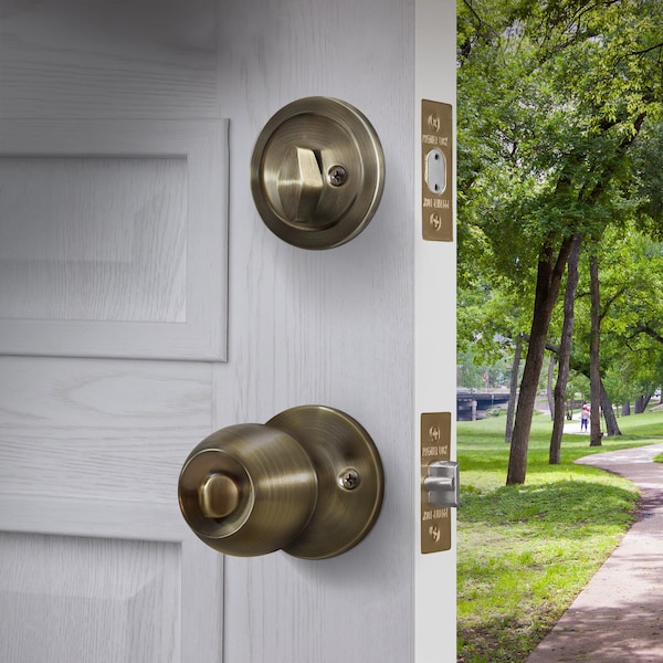 Premier Lock Entry Door Knob Combo Lock Set with Deadbolt Set of 6, Keyed Alike, Antique Brass, 6PK - ED04C-6