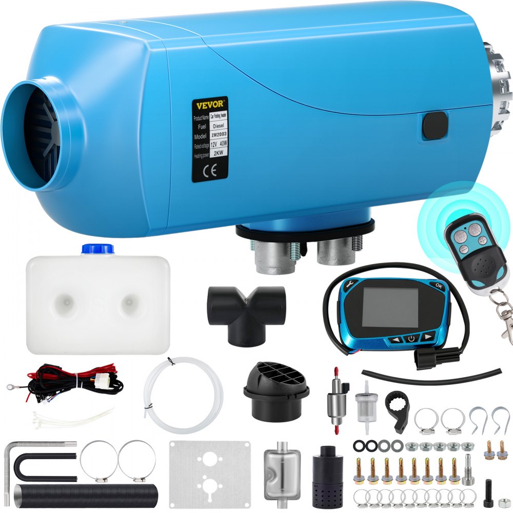 VEVOR Diesel Heater 12V, Muffler, 2KW Diesel Air Heater, 5L Tank, Diesel Parking Heater with Blue LCD Switch & Remote Control for Bus Boat and Trailer - ZCJRQ12V2KWLYJBE1V0