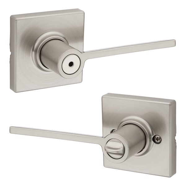 Kwikset Ladera Lever with Square Rose Privacy Door Lock with 6AL Latch and RCS Strike Satin Nickel Finish - 300LRLSQT-15