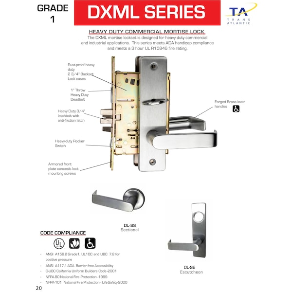 Trans Atlantic Co. DXML Series Brushed Chrome Grade 1 Privacy Mortise Lock Door Handle with Sectional Left-Handed Lever - DL-DXML40SSLH-US26D