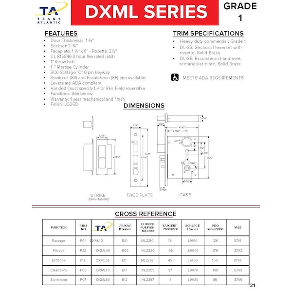 Trans Atlantic Co. DXML Series Brushed Chrome Grade 1 Privacy Mortise Lock Door Handle with Sectional Left-Handed Lever - DL-DXML40SSLH-US26D