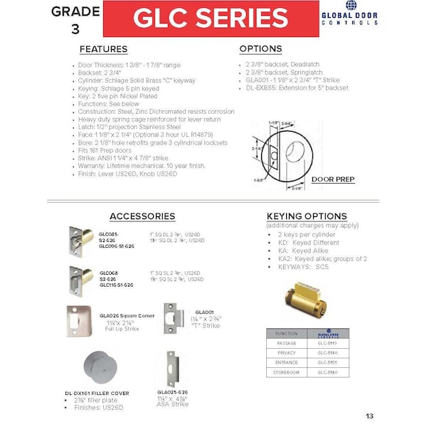 Global Door Controls GLC Series Brushed Chrome Grade 3 Commercial/Residential Entry Door Handle with Lock - GLC-5151L-626