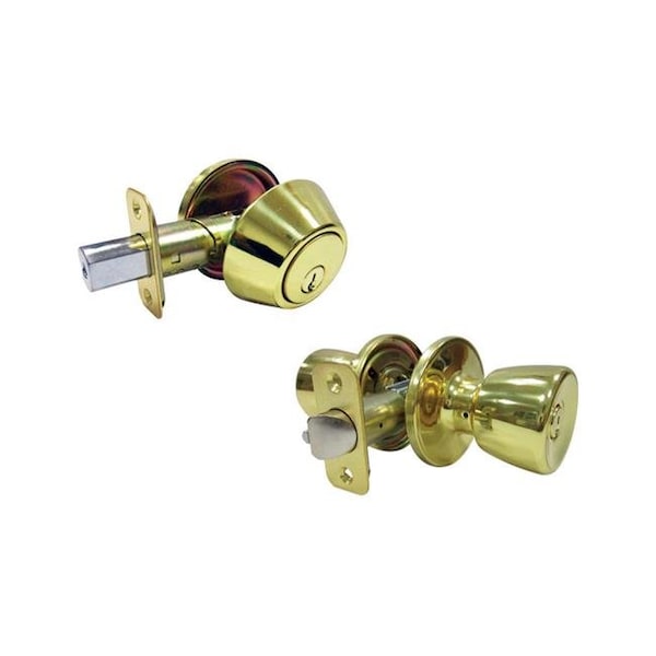 Faultless Faultless 5002047 Tulip Polished Brass Metal Entry Knob & Single Cylinder Deadbolt - 3 Grade Right Handed - 5002047
