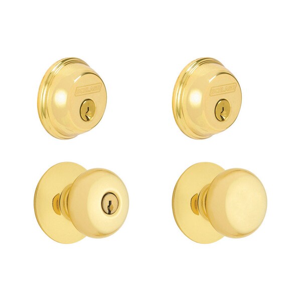 Schlage Schlage Plymouth Bright Brass Knob and Double Cylinder Deadbolt 1-3/4 in. - FB52NVPLY505