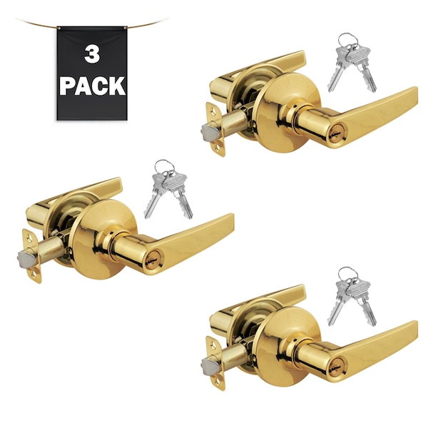 Premier Lock Entry Door Lever Lock Set Set of 3, Keyed Alike, Polished Brass, 3PK - LEV01X-3