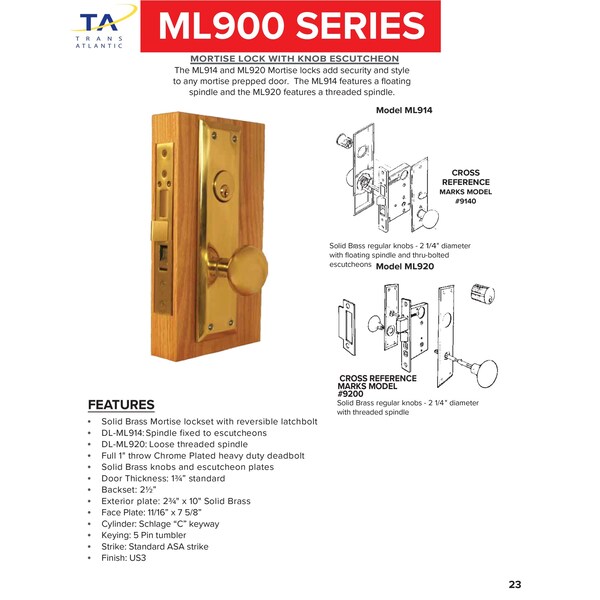 Trans Atlantic Co. ML900 Series Bright Brass Grade 1 Entry Atrium Mortise Lock with Door Knob Escutcheon - DL-ML914-US3
