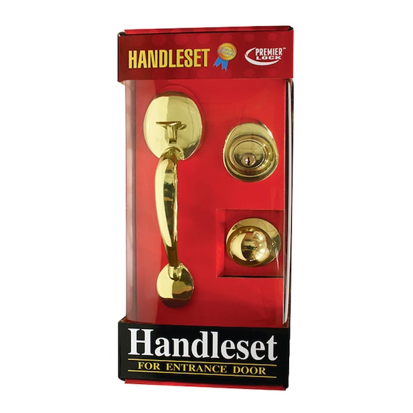 Premier Lock Polished Brass Single Cylinder Door Handleset with Keyed Deadbolt Lock, Inside Knob and 3 KW1 Keys - HSL-B