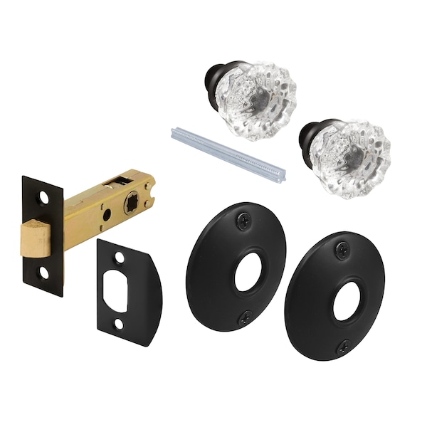 Prime-Line Passage Door Latch Set, Glass Knob with Latch Bolt Matte Black Finish, Vintage - E 28328