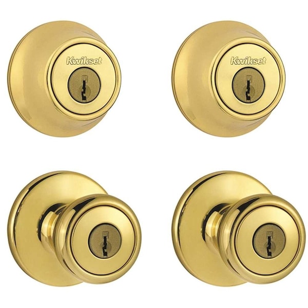 Kwikset Tylo Polished Brass Exterior Entry Door Knob and Single Cylinder Deadbolt Project Pack - 242T 3 CP CODE K2 BBPKG