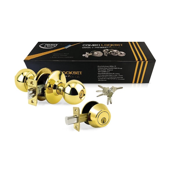Premier Lock Brass Grade 3 Combo Lock Set with Entry Door Knob and Deadbolt, 18 SC1 Keys Total, 3PK - GR3ED02C-3