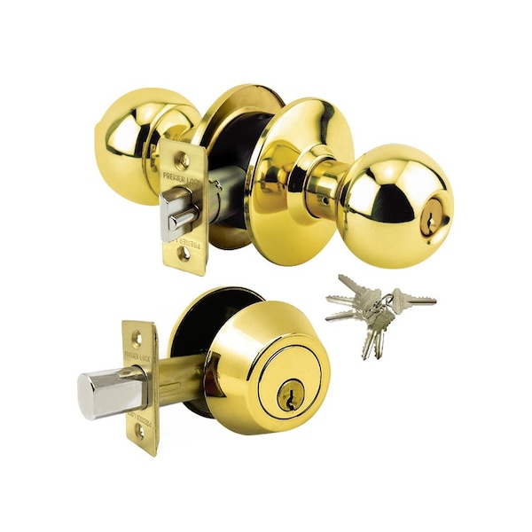 Premier Lock Brass Grade 3 Combo Lock Set with Entry Door Knob and Deadbolt, 18 SC1 Keys Total, 3PK - GR3ED02C-3