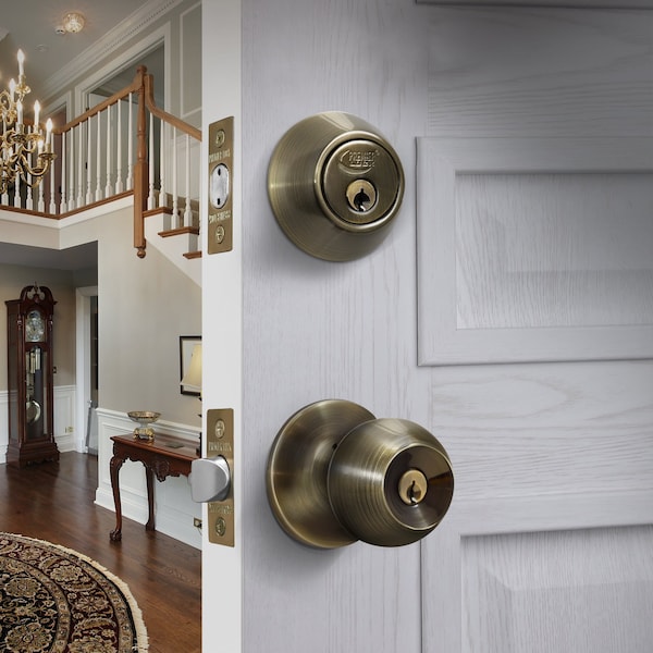 Premier Lock Entry Door Knob Combo Lock Set with Deadbolt Set of 3, Keyed Alike, Antique Brass, 3PK - ED04C-3