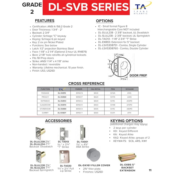 Trans Atlantic Co. SVB Series Stainless Steel Grade 2 Standard Duty Commercial Cylindrical Classroom Door Knob with Lock - DL-SVB70-US32D