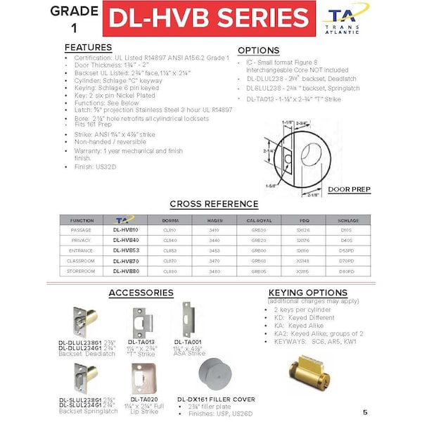 Trans Atlantic Co. Heavy Duty Stainless Steel Grade 1 Commercial Cylindrical Entry Door Knob with Lock - DL-HVB53-US32D