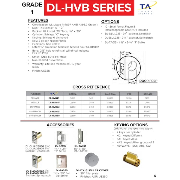 Trans Atlantic Co. Heavy Duty Stainless Steel Grade 1 Commercial Cylindrical Entry Door Knob with Lock - DL-HVB53-US32D