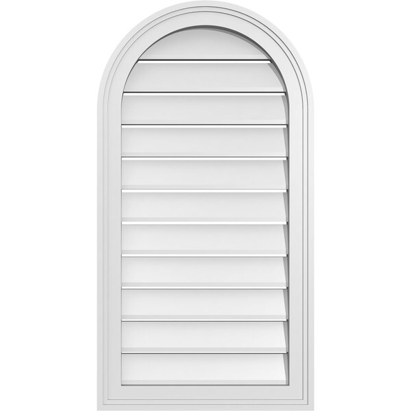 Ekena Millwork Round Top Surface Mount PVC Gable Vent: Functional, w/ 2"W x 1-1/2"P Brickmould Frame, 18"W x 34"H - GVPRT18X3402SF