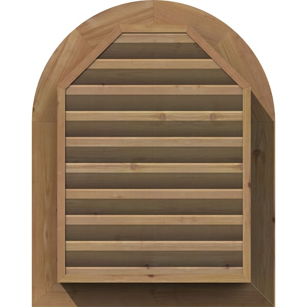 Ekena Millwork Round Top Gable Vent Functional, Western Red Cedar Gable Vent w/1" x 4" Flat Trim Frame, 16"W x 24"H - GVWRT16X2401SFUWR