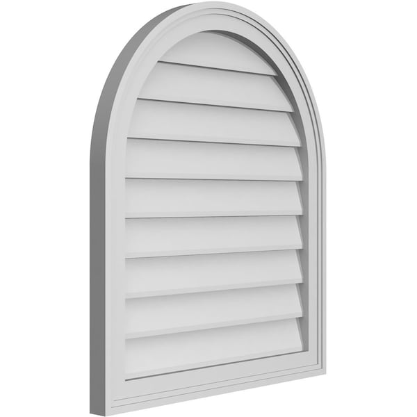 Ekena Millwork Round Top Surface Mount PVC Gable Vent w/ 2"W x 1-1/2"P Brickmould Frame, 24"W x 28"H - GVPRT24X2802SN
