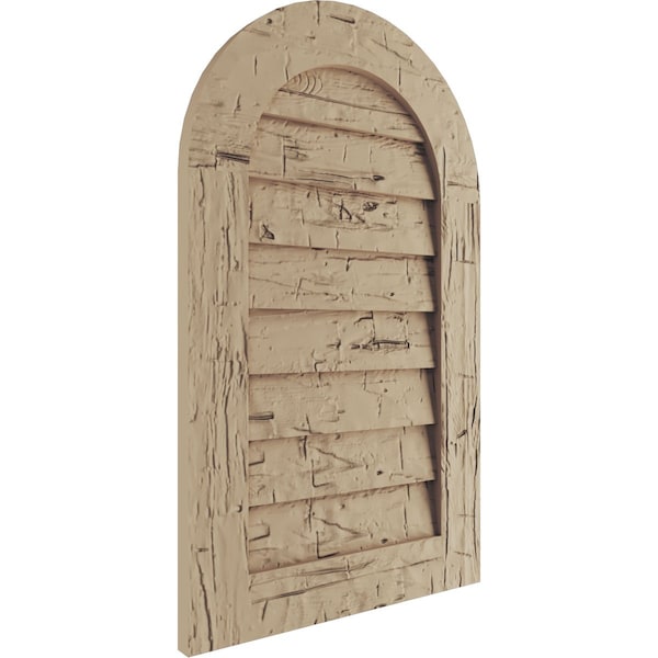 Ekena Millwork Timberthane Hand Hewn Round Top Faux Wood Non-Functional Gable Vent, Primed Tan, 32"W x 36"H - GVURRT32X36DHHPR