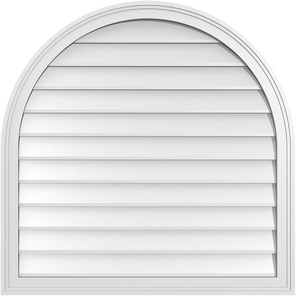 Ekena Millwork Round Top Surface Mount PVC Gable Vent w/ 2"W x 1-1/2"P Brickmould Frame, 34"W x 34"H - GVPRT34X3402SN