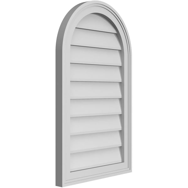 Ekena Millwork Round Top Surface Mount PVC Gable Vent w/ 2"W x 1-1/2"P Brickmould Frame, 18"W x 30"H - GVPRT18X3002SN