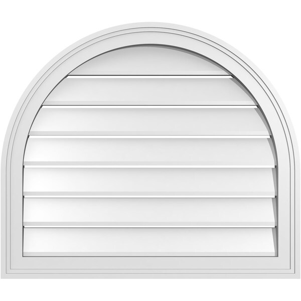 Ekena Millwork Round Top Surface Mount PVC Gable Vent: Functional, w/ 2"W x 1-1/2"P Brickmould Frame, 28"W x 24"H - GVPRT28X2402SF