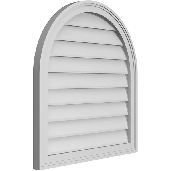 Ekena Millwork Round Top Surface Mount PVC Gable Vent w/ 2"W x 1-1/2"P Brickmould Frame, 26"W x 28"H - GVPRT26X2802SN