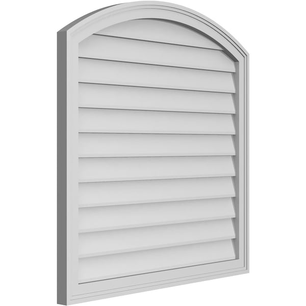 Ekena Millwork Arch Top Surface Mount PVC Gable Vent: Functional, w/ 2"W x 1-1/2"P Brickmould Frame, 34"W x 34"H - GVPAR34X3402SF