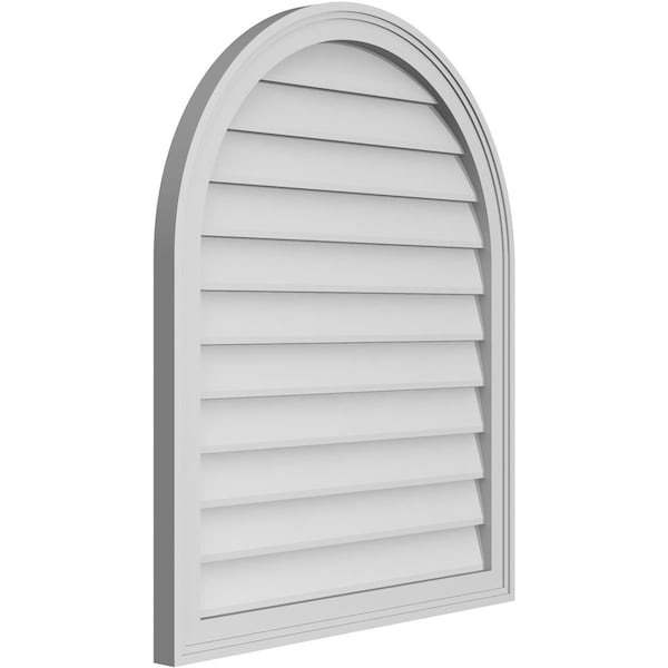 Ekena Millwork Round Top Surface Mount PVC Gable Vent w/ 2"W x 1-1/2"P Brickmould Frame, 28"W x 34"H - GVPRT28X3402SN