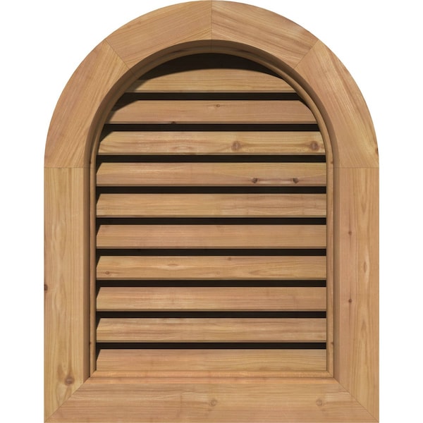 Ekena Millwork Round Top Gable Vent Functional, Western Red Cedar Gable Vent w/ Brick Mould Face Frame, 14"W x 20"H - GVWRT14X2000SFUWR
