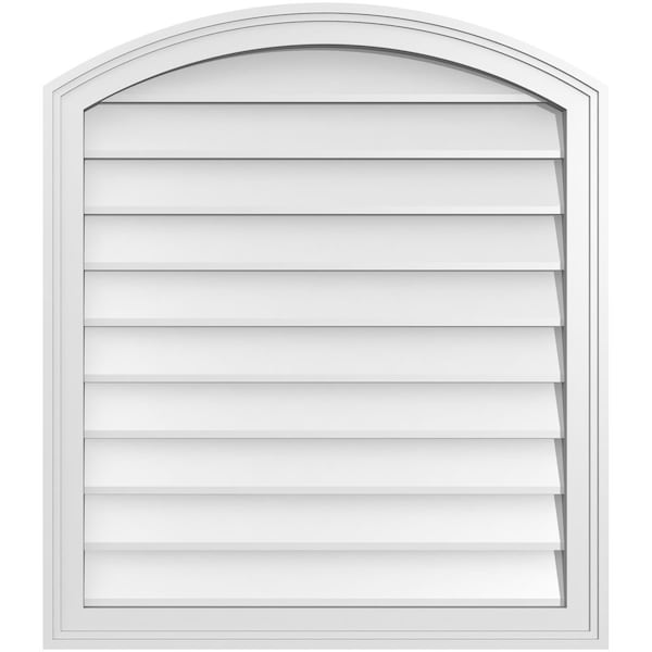 Ekena Millwork Arch Top Surface Mount PVC Gable Vent: Functional, w/ 2"W x 1-1/2"P Brickmould Frame, 28"W x 32"H - GVPAR28X3202SF