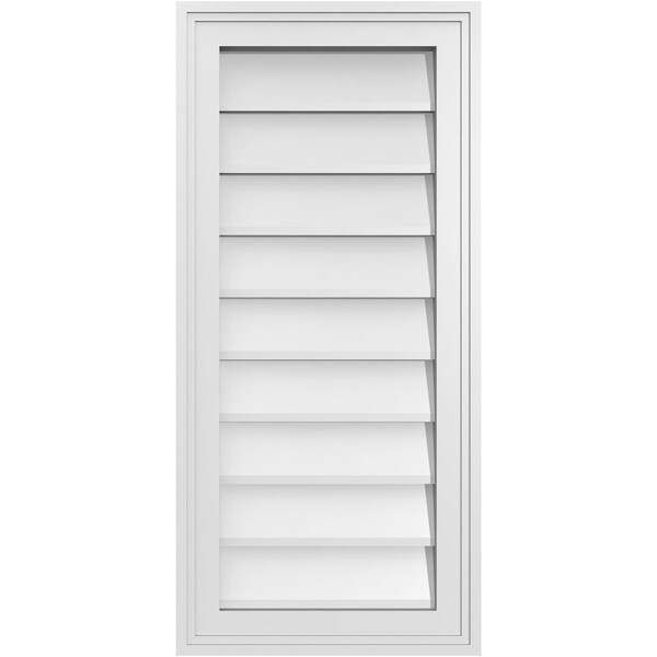 Ekena Millwork Vertical Surface Mount PVC Gable Vnt: Non-Functional, w/2"W x 1-1/2"H, Brickmould Frame, 14"W x 30"H - GVPVE14X3002SN