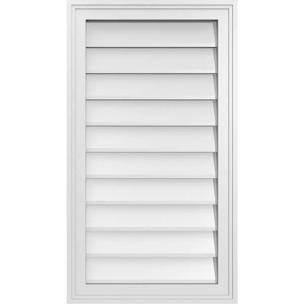 Ekena Millwork Vertical Surface Mount PVC Gable Vnt: Non-Functional, w/2"W x 1-1/2"H, Brickmould Frame, 18"W x 32"H - GVPVE18X3202SN