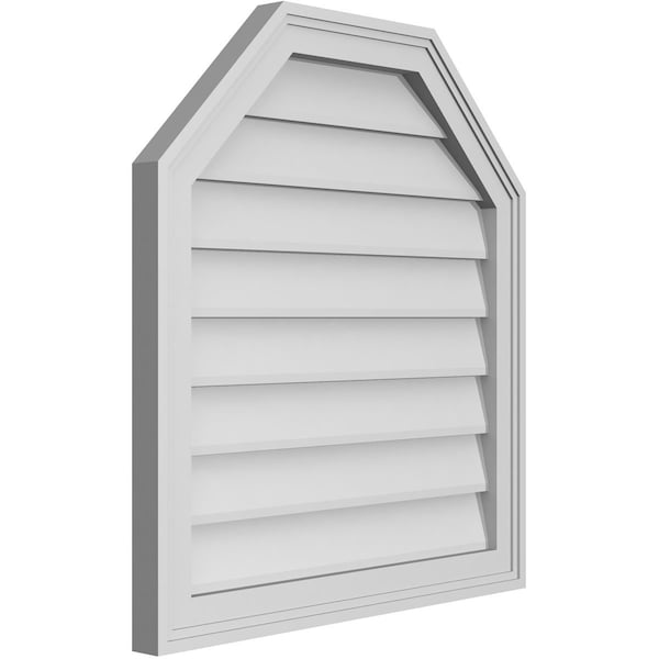 Ekena Millwork Octagonal Top Surface Mount PVC Gable Vent w/ 2"W x 1-1/2"P Brickmould Frame, 24"W x 26"H - GVPOT24X2602SN