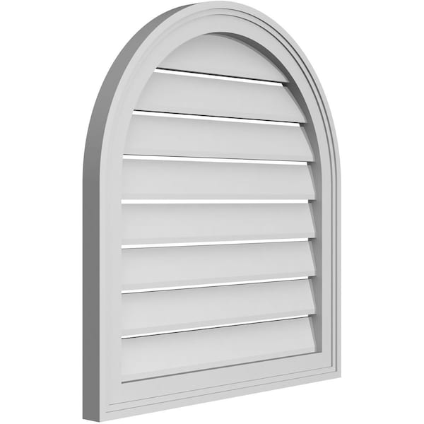 Ekena Millwork Round Top Surface Mount PVC Gable Vent: Functional, w/ 2"W x 1-1/2"P Brickmould Frame, 24"W x 26"H - GVPRT24X2602SF