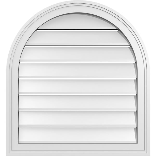 Ekena Millwork Round Top Surface Mount PVC Gable Vent: Functional, w/ 2"W x 1-1/2"P Brickmould Frame, 24"W x 26"H - GVPRT24X2602SF