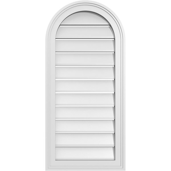 Ekena Millwork Round Top Surface Mount PVC Gable Vent: Functional, w/ 2"W x 1-1/2"P Brickmould Frame, 16"W x 34"H - GVPRT16X3402SF