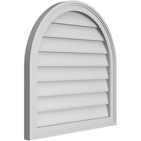 Ekena Millwork Round Top Surface Mount PVC Gable Vent w/ 2"W x 1-1/2"P Brickmould Frame, 26"W x 26"H - GVPRT26X2602SN