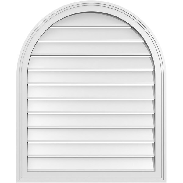 Ekena Millwork Round Top Surface Mount PVC Gable Vent: Functional, w/ 2"W x 1-1/2"P Brickmould Frame, 28"W x 34"H - GVPRT28X3402SF